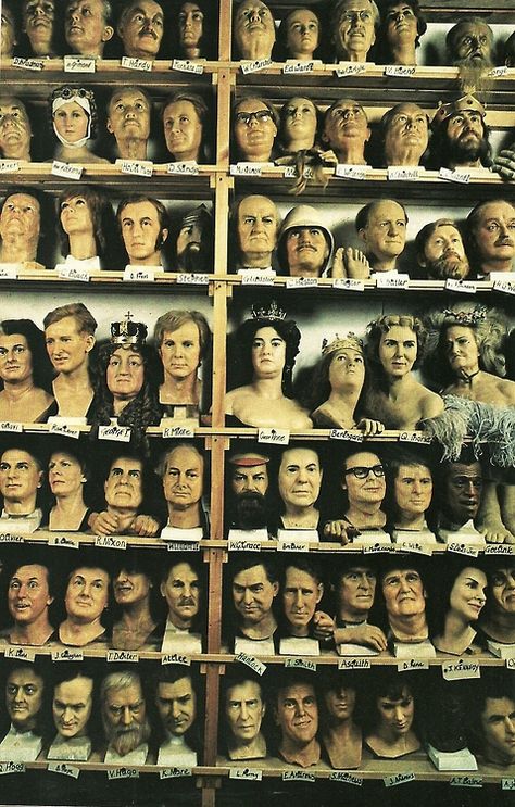 Spare heads at Madame Tussaud’s wax museum in London, National Geographic | October 1979 Museum Storage, Collage Elements, Wax Museum, Stand Neck, Madame Tussauds, Nat Geo, Head Of State, Many Faces, Vintage Printables