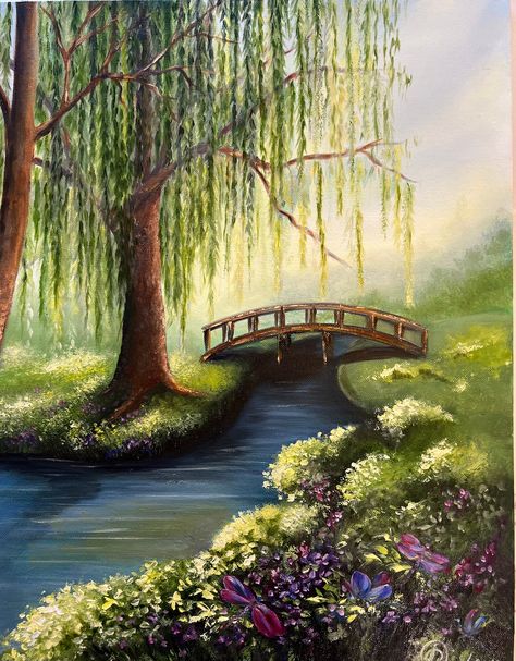 Handmade Oil painting: Willow Tree Dimension of painting: 14x18 inches Varnished and Framed Signed in front and back Original Oil Painting, Willow Tree meaning which is ability to grow and survive, its powerfully symbolic and show how we can thrive even in challenging conditions. Painting is done in vibrant colors with high quality paints. I feel the scene of this painting brings positive feelings and thoughts. Painted on cardboard with high quality oil paints; framed and ready to be hung in your special place. The painting is signed on the front and back and will be shipped within 2-3 business days after I receiving payment. Please do not hesitate to ask me any questions or concerns.  Thanks for visiting my shop:) Best, Anzhela'sART Willow Tree Acrylic Painting, Wisteria Tree Painting, Painting Willow Tree, Weeping Willow Tree Painting, Willow Tree Meaning, Weeping Willow Painting, Willow Painting, Willow Tree Painting, Spring Landscapes