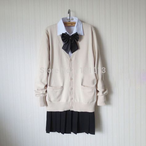 Aliexpress.com : Buy japanese school uniform suit set Almond / Beige Cardigan sweater + solid white long sleeve shirt + pure black Pleated skirt from Reliable skirt velvet suppliers on Shenzhen  Zzz  Co,. Ltd Outfit Sekolah, Pola Jaket, School Uniform Skirts, School Uniform Outfits, Black Pleated Skirt, Japanese School, Style Japonais, Uniform Fashion, School Uniforms