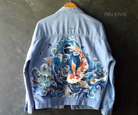 Painted Jeans Oversize Jacket Unisex Koi Fish painting - Etsy UK Crop Top Jeans, Koi Fish Painting, Jeans Oversize, Custom Jean Jacket, Oversize Jacket, Painted Clothes Diy, Crop Top Jacket, Hand Painted Clothing, Crop Top With Jeans