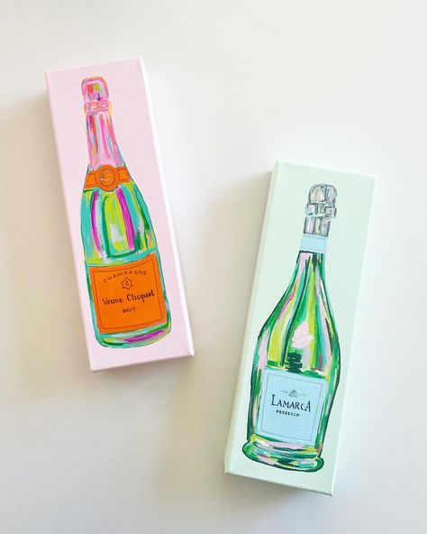 4x12” original hand painted bottle canvases! These make for perfect gifts! $45ea. Series includes: Topo Chico, Pellegrino, Veuve Clicquot, La Marca, Casa Azul, and Casamigos. 1-2 week turn around time, pick up in AU or Columbus or $10 shipping. Painting Of Champagne Bottle, Trendy Canvas Painting Ideas, 2 Paintings Side By Side, Painting Gift Ideas Canvases, Champagne Bottle Painting, Art Gift Ideas, Fun College Apartment Decor, Painted Champagne Bottle, Ashley Longshore Art