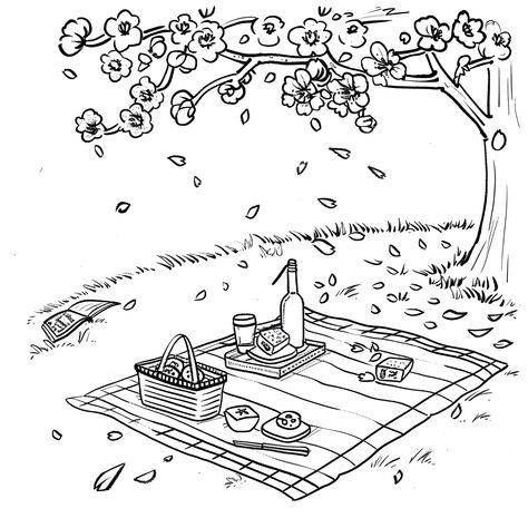 Unique Outdoor Picnic Scene under Blossoming Tree (free printable PDF black-and-white line drawing idea suitable for all, from beginners to advanced learners, including children, teens, adults, and seniors) Picnic Drawing Easy, Picnic Drawing, Unique Drawing Ideas, Easy Hair Drawings, Outer Space Drawing, Easy Skull Drawings, Picnic Scene, Thanksgiving Drawings, Easy People Drawings