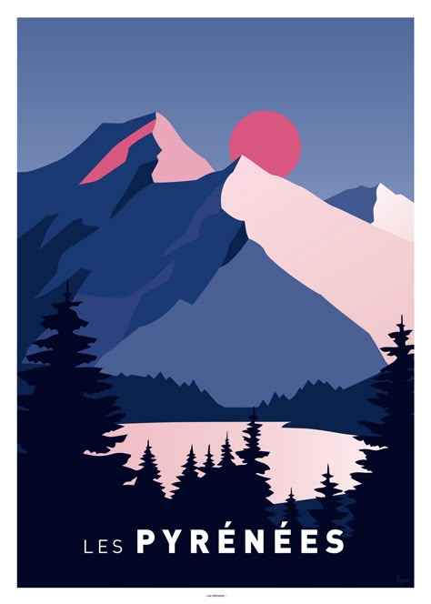 Affiche représentant la chaîne de montagnes des Pyrénées Mountain Poster Design, Mountain Illustration Design, Mountains Illustration, Landscape Graphic Design, Art Mini Toile, Illustration Landscape, Mountain Illustration, 타이포그래피 포스터 디자인, Isometric Illustration