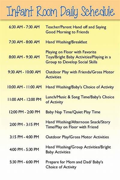 Infant Daily Schedule For Daycare | Daily Agenda Calendar | Infant ... Day Care Schedule, Infant Schedule, Infant Classroom Ideas Daycares, Teaching Infants, Infant Room Daycare, Daycare Schedule, Infant Toddler Classroom, Infant Curriculum, Infant Play