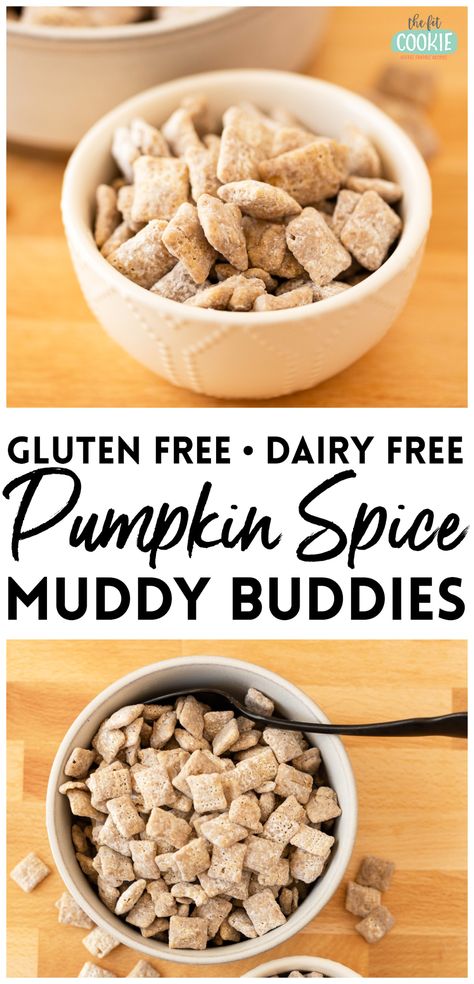 If you love all things pumpkin spice in the fall, our allergy friendly Pumpkin Spice Muddy Buddies are for you! Our fall-inspired puppy chow recipe is made with white chocolate and pumpkin spice, and it's completely dairy free, peanut free, gluten free, and vegan. | thefitcookie.com #dairyfree #peanutfree Original Puppy Chow Recipe, Gluten Free Halloween Treats, Gluten Free Halloween Food, Puppy Chow Recipe, Dessert Dip Recipes, Gluten Free Pumpkin Spice, Gluten Free Holiday Recipes, Gluten Free Halloween, Chow Recipe