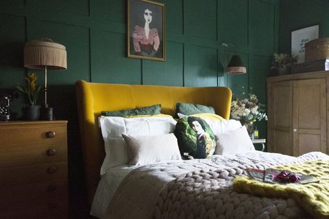 Green Panelling, Dark and Moody Bedroom, Velvet Bed, Ochre Velvet Ochre Bedroom, Mustard Bedroom, Bedroom Lighting Ideas, Fresh Bedding, Restful Bedrooms, Bedroom Trends, Wall Lights Bedroom, Beautiful Bedroom, Velvet Bed