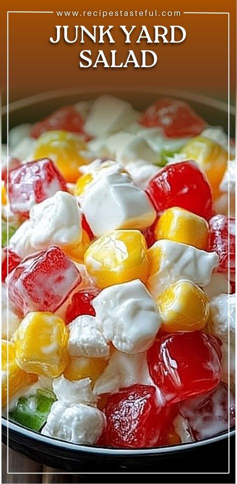 This creamy, sweet Junk Yard Salad is the perfect no-cook treat for summer picnics or family gatherings. With cherry pie filling, pineapple, marshmallows, and Cool Whip, it's a crowd-pleaser everyone will love. Sweet Pancake Recipe, Fluff Desserts, Junk Yard, Summer Picnics, Jello Salad, Jello Recipes, No Cooking, Cherry Pie Filling, Family Friendly Meals