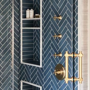 Cobalt Blue Herringbone Pattern Shower Tiles - Transitional - Bathroom Navy Bathroom Shower Tile, Navy Blue And Brass Bathroom, Navy Blue Herringbone Tile Bathroom, Navy Ensuite, Navy Tile Shower Ideas, Navy Blue Shower Tile Ideas, Navy Herringbone Tile Bathroom, Navy And Brass Bathroom, Navy Blue Master Bath