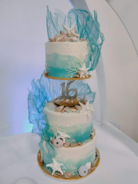 Underwater Birthday Cake, Beach Birthday Cake, Underwater Birthday, 14th Birthday Cakes, Ocean Cakes, Quinceanera Theme, Realistic Cakes, Ocean Birthday Party, Bday Cake Ideas