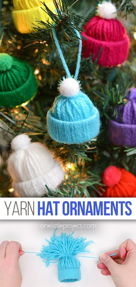 Yarn Hat Ornaments Diy Christmas, Yarn Christmas Crafts For Kids, Yarn Ornaments For Kids, Hat Ornaments Made With Yarn, Yarn Hat Ornaments Diy, Winter Hat Ornaments Diy, Christmas Tree Decorations Diy Kids Easy, Hat Ornaments Yarn, Kids Crafts Easy Christmas