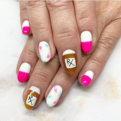 pills, pharmacy, nails, pink, pill nails Pharmacy Nails Design, Pill Nail Art, Pill Nails, Nurse Nail Designs, Medical Nails, Nursing Nails, Science Nails, Nurse Nails, Tech Nails