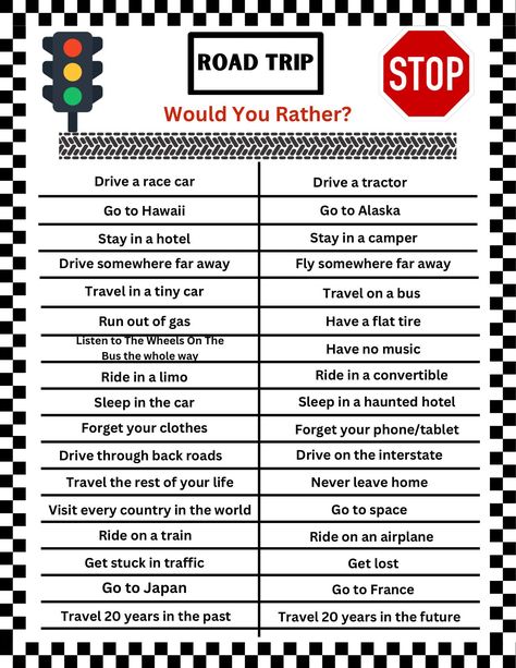 This is a perfect game for a road trip. Would You Rather! Fun for kids and adults. No physical item will be sent. This is a printable PDF file. You may print as many times as you like. You may not share, sell, or copy any of my designs.  Please feel free to contact me with questions. Thank you for supporting my small business! Road Trip Trivia Questions, Road Trip Printables For Kids, Road Trip Games For Adults, Road Trip Crafts, Roadtrip Games, Car Ride Games, Road Trip Questions, Fun Road Trip Games, Printable Road Trip Games