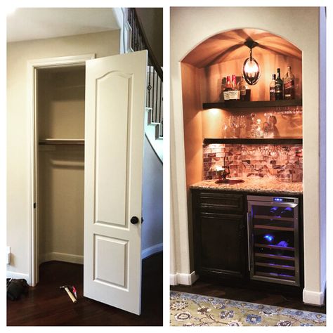 We turned our coat closet into a chic wine bar! Closet Turned Bar Built Ins, Pantry Turned Into Bar, Bourbon Closet, Closet Turned Into Bar, Closet Into A Bar, Closet Bar Ideas, Bourbon Room, Wine Ideas, Closet Bar