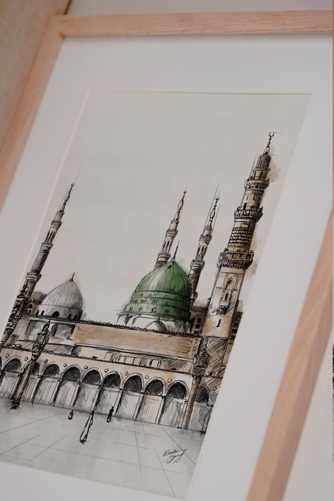 Masjid Nabawi Sketch, Madinah Sketch, Dome Sketch, Madina Painting Islamic Art, Islamic Caligraphy Art, Islamic Calligraphy Painting, Caligraphy Art, Islamic Artwork, Simple Canvas Paintings