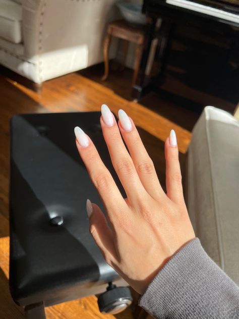 Funny bunny bio gel white almond shape nails White Sns Nails Almond, Funny Bunny Almond Shape Nails, White Medium Almond Nails, Egg Shaped Nails, Milk White Acrylic Nails Almond, Almond Nails Marshmellow, Medium Almond White Nails, Long Oval White Nails, Milky White Almond Shape Nails