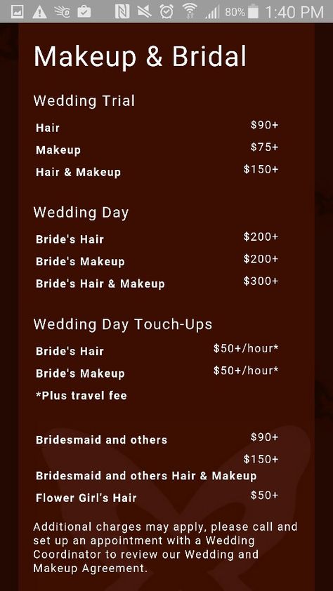 Examples of make up and bridal pricing packages. Makeup Artist Price List Ideas, Bridal Makeup Price List, Bridal Packages Salon, Makeup Price List Ideas, Makeup Outline, Makeup Artist Price List, Bridal Contract, Makeup Checklist, Freelance Makeup Artist Business