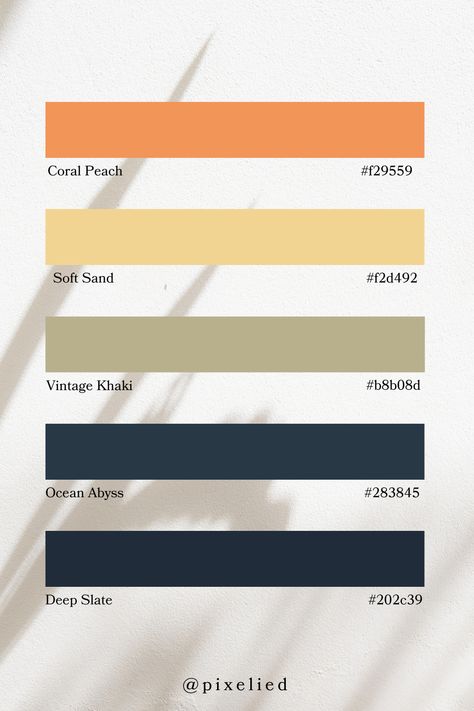 Blue Earth Tone Color Palette: Coral Peach offers a warm, vibrant touch reminiscent of sunset hues. Soft Sand brings a gentle, sandy beige perfect for a subtle, calming presence. Deep Slate adds a touch of sophistication with its dark, cool tones. Ocean Abyss introduces a deep, tranquil blue evoking the depths of the ocean, while Vintage Khaki provides an earthy, timeless khaki to round out the collection. Ocean Abyss, Color Palette Coral, Color Scheme Generator, Earth Colour Palette, Tone Color Palette, Earth Tone Palette, Earth Tone Color Palette, Color Generator, Dark Cool