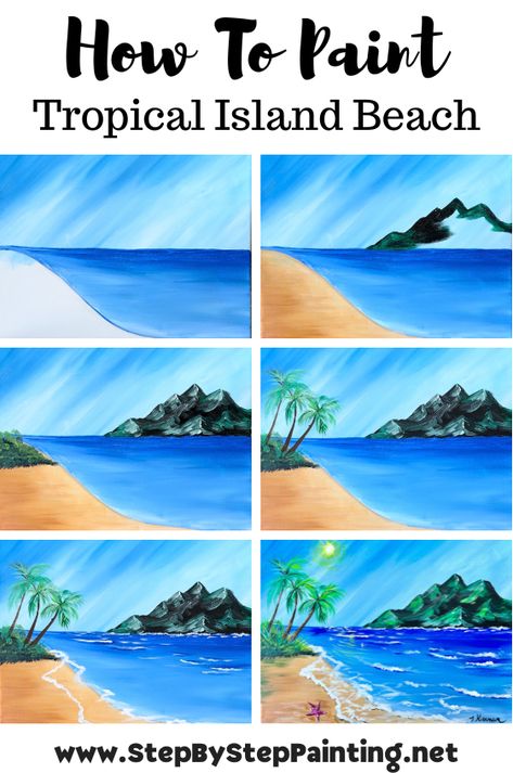 How To Paint A "Tropical Island Beach" - Acrylic Tutorial Step By Step Palm Tree Painting, Painting With A Twist Ideas Step By Step, How To Paint A Beach, How To Paint Step By Step, How To Paint Acrylic, Tropical Painting Ideas, Easy Things To Paint For Beginners, Beachy Paintings Easy, Easy Painting Acrylic