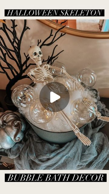 Tara Panasiuk on Instagram: "Halloween decor piece skeleton “bubble bath” in a caldron 🤣🥰 Such a cute and easy DIY to mix into your Halloween styling 🎃 

All of the materials used are saved to my LTK!💕" Decorating Ideas For Halloween, Halloween Styling, Halloween Bath, 2023 Halloween, Skeleton Halloween, Halloween Fashion, Bubble Bath, Halloween Crafts, Halloween Decor