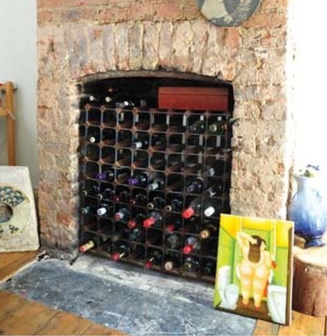 Wine rack Fireplace Filler, Empty Fireplace Ideas, Exposed Brick Fireplaces, Fireplace Modern Design, Unused Fireplace, Cosy House, Old Fireplace, Chimney Breast, Kitchen Fireplace