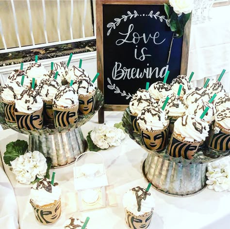 Starbucks Themed Bridal Shower Ideas, Bridal Shower Brunch Coffee Bar, Fall Themed Bridal Shower Desserts, Starbucks Bridal Shower Theme, Coffee Bar Ideas For Bridal Brunch, Coffee Themed Centerpieces Table Decorations, Coffee Themed Decorations, Wedding Shower Coffee Theme, Love Is Brewing Bridal Shower Ideas Food