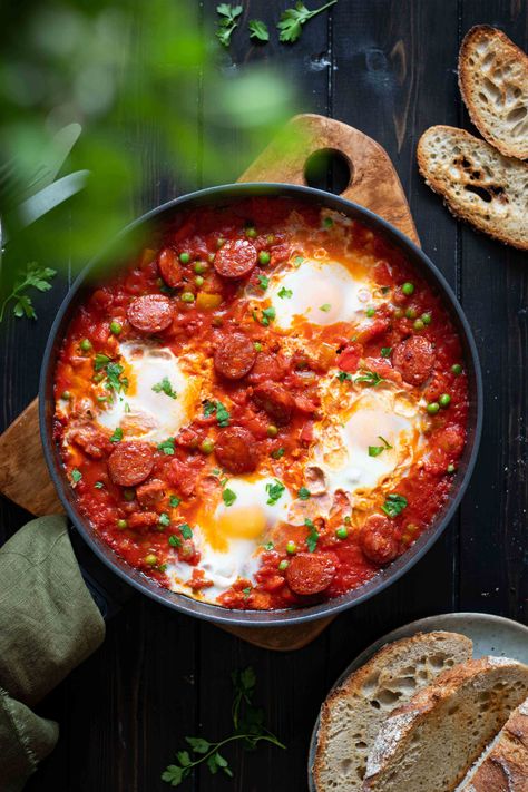 Baked eggs and chorizo - Spanish inspired Huevos a la Flamenca | Soulful And Healthy Spanish Eggs Breakfast, Eggs And Chorizo, Spanish Baked Eggs, Spanish Eggs, Serrano Ham, Runny Eggs, Freeze Greens, Couscous Salad, Green Peas