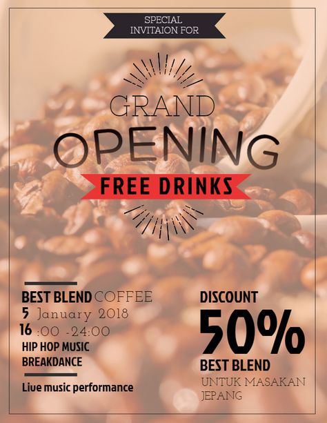 Coffee Shop Grand Opening Ideas, Grand Opening Poster Design Ideas, Cafe Opening Poster, Coffee Shop Flyer Design, Coffee Shop Grand Opening, Pamphlets Design, Roda Gerobak, Coffee Flyer, Shop Grand Opening