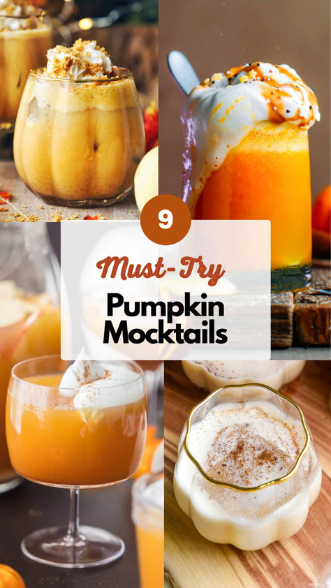 Pumpkin Mocktails Non Alcoholic Fall Drinks For Parties, Pumpkin Mocktail Recipe, Non Alcoholic Pumpkin Drinks, Autumn Mocktails Non Alcoholic, Healthy Fall Mocktail, Fall Drinks Alcohol Recipes, Mocktails Non Alcoholic Pumpkin, Thanksgiving Non Alcoholic Drinks, Mocktails Non Alcoholic Thanksgiving