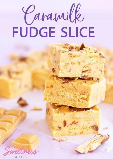 This Caramilk Fudge Slice is the ultimate sweet recipe for any Caramilk lover! Smooth Caramilk fudge with crunchy biscuit pieces and flakes of Caramilk Twirl, you'll have trouble stopping at just one piece! Caramilk Recipes, Nz Recipes, Fudge Slice, Yummy Things To Bake, Crunchy Caramel, No Bake Slices, Easy Fudge, Cake Stall, Anzac Biscuits