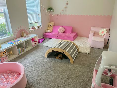 Pink playroom, with a ball pit, nugget, 2-1 slide chair from sams club, lily and river, little tikes pink car, Montessori play room with scalloped wall Montessori Play Room, Pink Playroom, Montessori Playroom, Pink Carpet, Playroom Ideas, Little Tikes, Sams Club, Pink Car, Ball Pit