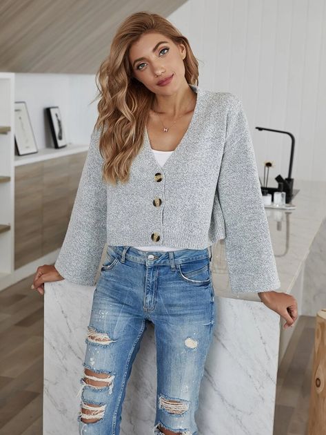 Heather Gray Button Up Crop Cardigan | SHEIN USA Short Cardigan Outfit Winter, Short Cardigan Outfit, Grey Cardigan Outfit, Cardigan Outfit Casual, Cropped Cardigan Outfit, Crop Cardigan Outfit, Outfits With Grey Cardigan, Winter Cardigan Outfit, Outfit Cardigan