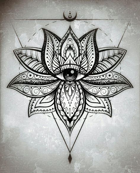 All Seeing Eye Mandala Tattoo, Lotus Neck Tattoo Men, Lotus Third Eye Tattoo, Mandala Art Tattoo Ideas, Lotus Crystal Tattoo, Mandala Neck Tattoo Design, Chest Design Tattoo Men, Lotus Sketch Tattoo, Gothic Lotus Tattoo