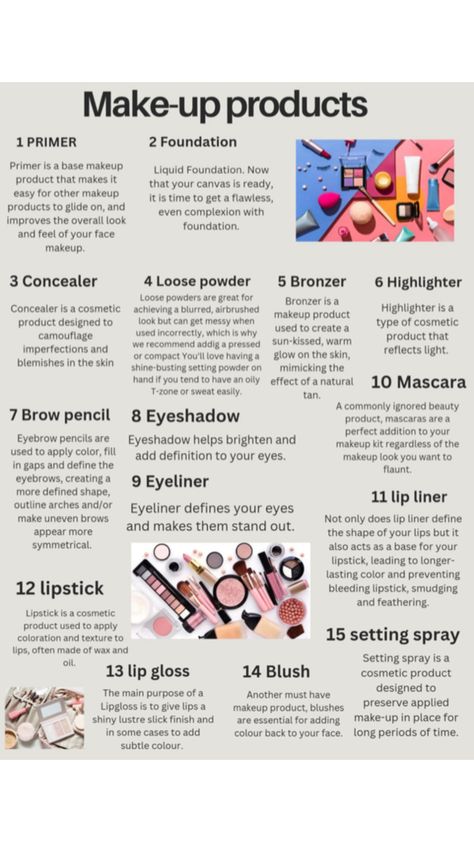 Make is a form of cosmetic that is used to enhance the appearance of the face and other parts of the body Makeup Supplies, Basic Makeup, Airbrush Makeup, Makeup Base, Liquid Foundation, Loose Powder, Bronzer, Highlighter, Concealer