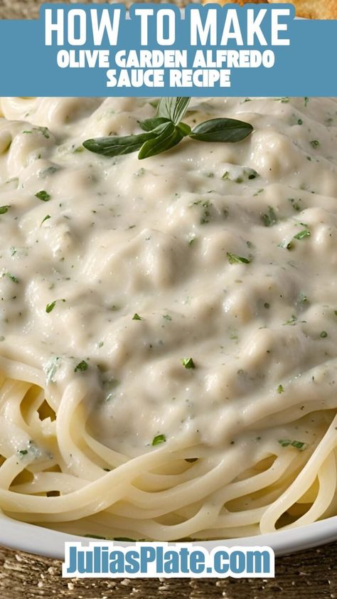 Olive Garden Alfredo Sauce Recipe - Julia's Plate Easy Creamy Sauce, Olive Garden Alfredo Sauce Recipe, Olive Garden Alfredo, Olive Garden Alfredo Sauce, Plant Based Cheese, Nuggets Recipe, Alfredo Sauce Recipe, Copycat Restaurant Recipes, Olive Garden