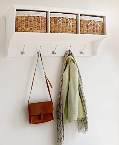 Tetbury White Coat Hanger with 3 natural wicker baskets. Hallway storage hanging shelf with hooks. Quality hallway basket storage : Amazon.co.uk: Home & Kitchen White Hanging Shelves, Hallway Shelving, White Coat Rack, Hallway Shelf, Coat Rack With Storage, Storage Bench With Cushion, Coat Storage, Downstairs Toilet, Hallway Design