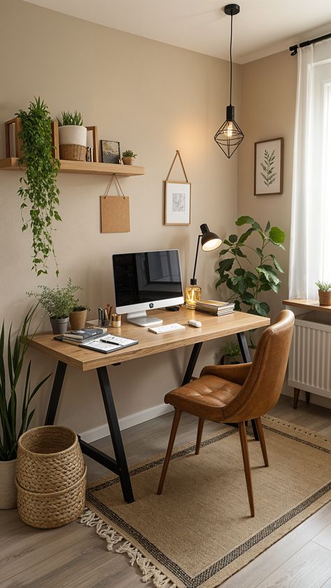 Desk Set Up Inspiration, Room With A Desk Ideas, Home Office White And Wood, Bedroom Office Interior Design, Snug Office Room Ideas, Simple Office Space Ideas, Corner Desk Aesthetic Inspiration, Aesthetic Desk Ideas Simple, Desk Apartment Living Room