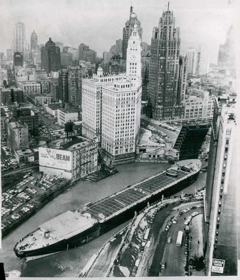 The barge "Marine Angel" negotiates a turn through the upraised Michigan Ave. bridge, Chicago, 1953. Chicago Pictures, Chicago History, Michigan Avenue, Chicago River, Chicago Photos, My Kind Of Town, Chicago Architecture, Chicago City, Historical Images