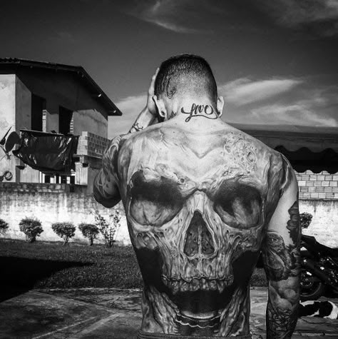 Skull On Back Tattoo, Full Back Skull Tattoo For Men, Grim Reaper Stomach Tattoo, Back Skull Tattoo For Men, Skull Back Tattoo Men, Dark Tattoo Designs Men, Skull Back Piece Tattoo, Back Tattoos Skull, Full Back Skull Tattoo