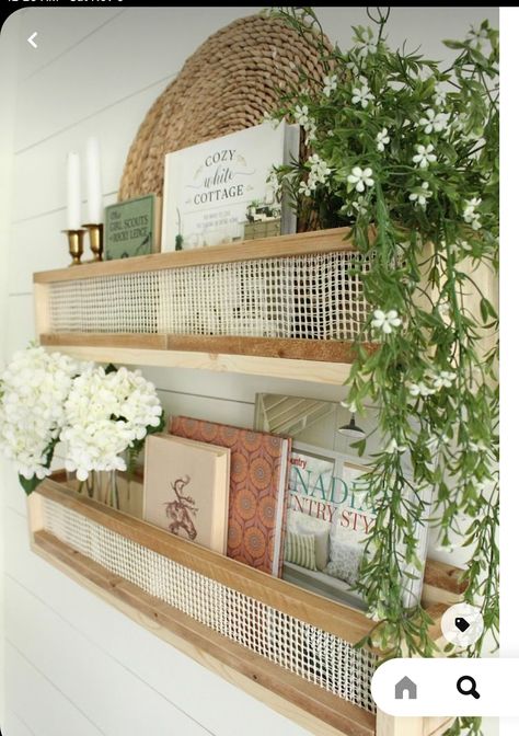 Diy Shelves Kitchen, Boho Shelves Decor, Our Faux Farmhouse, Wood Diy Projects, Boho Decor Diy, Cozy White Cottage, Cane Shelf, Bedroom Ideas Boho, Diy Pocket