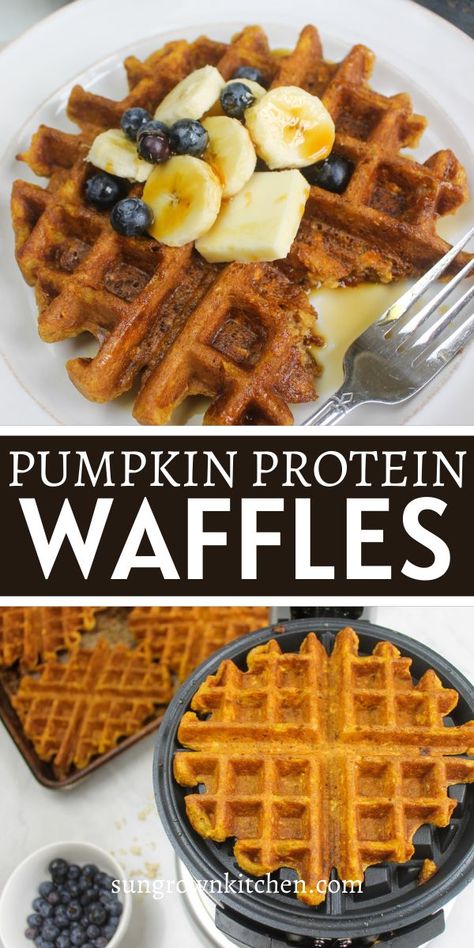 Pumpkin waffles topped with banana, blueberry, butter and maple syrup. Pumpkin Waffles Easy, Pumpkin Protein Waffles, Leftover Sweet Potato, Mediterranean Sweet Potatoes, Pumpkin Waffles Recipe, Pumpkin Spice Waffles, Mashed Sweet Potato, Healthy Waffles, Pumpkin Protein