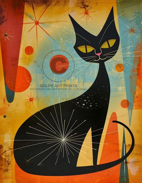 Black Cat Mysterious Abstract Atomic Mid Century Modern Giclée Art Print 8.5X11 | eBay Mid Century Modern Artwork, Atomic Mid Century, Mid Century Cat, Giclee Abstract, Mid Century Modern Patterns, Cat Artwork, Modern Cat, Unique Poster, Cats Illustration