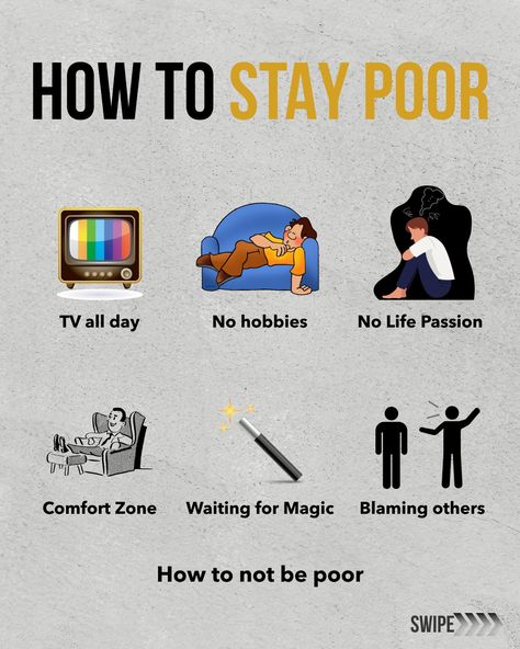 Staying poor isn't just about lacking money—it's about limiting beliefs and a fixed mindset. Being rich isn't just about having wealth—it's about adopting a growth mindset and constantly seeking opportunities to improve and grow. Here’s what sets them apart: 1. Mindset: The poor mindset sees obstacles; the rich mindset sees opportunities. 2. Attitude: The poor mindset blames circumstances; the rich mindset takes responsibility. 3. Action: The poor mindset waits for change; the rich mindset ... Poor Mindset, Rich Mindset, Change Your Habits, Mindset Change, Being Rich, Fixed Mindset, Motivational Videos For Success, Blaming Others, Success Habits