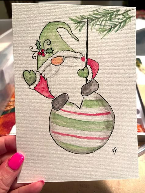 Christmas Gnome Painting Ideas, Gnome Christmas Card Ideas, Easy Gnome Painting, Xmas Cards Diy, Draw Flowers Watercolor, Watercolor Gnomes, Watercolor Christmas Cards Diy, Gnome Watercolor, Painted Christmas Cards