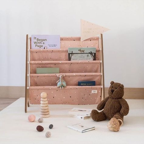 Recycled ideas for kids' room design #recycleddesign #kidsroom #bookshelf #homeinspo Fabric Bookshelf, Terrazzo Clay, Toddler Bookcase, 3 Sprouts, Childrens Bookcase, Bookshelf Organization, Book Rack, Recycled Book, Storage Kids Room