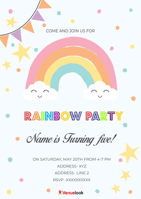 Rainbow Theme Birthday, Rainbow Party Invitations, Online Invitation Card, E Invitation, Rainbow Invitations, Hotel Party, Party Names, Birthday Party Theme Decorations, E Invite