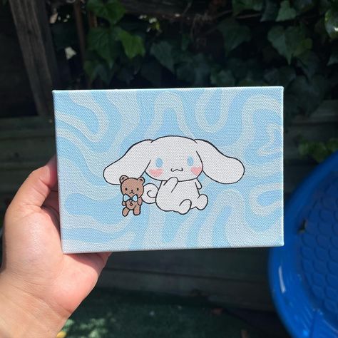 cinnamoroll 🧸 - 5x7 stretched canvas - (sold) - i think the pastel colors really stood out to me in this piece and excited to be creating more pieces like this one! - #art #artist #acrylicpainting #painting #canvas #smallbusiness #artsy #cinnamoroll #sanrio Cinnamon Roll Painting, Cinnamoroll Painting, Cinnamoroll Art, Sanrio Painting, Cinnamoroll Sanrio, Cozy Desk, Drawings Ideas, Easy Canvas, Simple Canvas Paintings