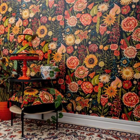 Utopia by Wear The Walls - Jet - Wallpaper : Wallpaper Direct Flowers In Bloom, Feature Wallpaper, Glass Splashback, Wallpaper Direct, Wallpaper Online, Wallpaper Wallpaper, Home Wallpaper, Front Room, Blooming Flowers