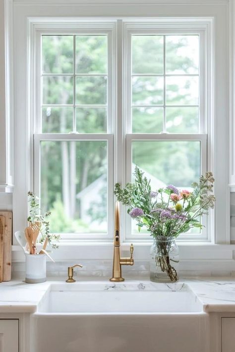 Fresh Kitchen Window Decor Ideas I Love Over Sink Decor Window, Triple Window Over Kitchen Sink, Over Sink Decor, Kitchen Windows, Kitchen Window Ideas, Kitchen Window Above Sink, Kitchen Window Sill Ideas, Shelf Over Window, Window Over Kitchen Sink