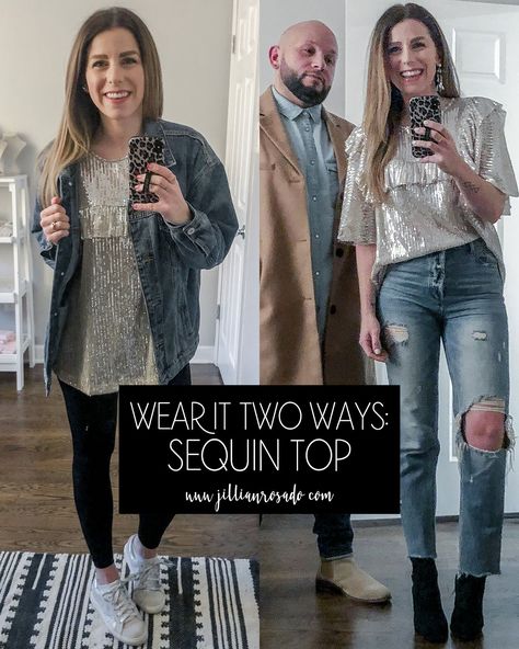 Sequin Top Outfit | How To Wear Sequins Casual | Date Night Outfit | Emerson Charles Sequin Top Casual Outfit, Sequin Top And Jeans Outfit, How To Style Sequin Top, Sequence Top With Jeans, Sequined Top Outfit, Sequin Top Outfit Casual, Sparkly Shirt Outfit, Sequin Top With Jeans, Sequin Shirt Outfit