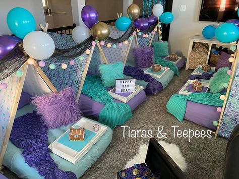 Mermaid Teepee Party, Mermaid Slumber Party Ideas, Mermaid Tent Party, Under The Sea Slumber Party, Under The Sea Sleepover, Mermaid Slumber Party, Mermaid Sleepover, Ocean Spa, Kids Party Tables